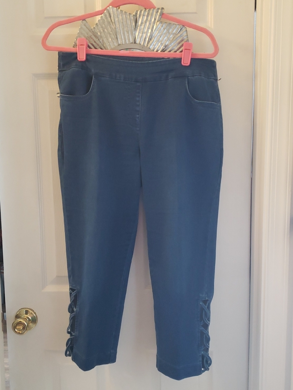 Lulu-B Denim-Blue Ponte Crop Pants with Side Lattice